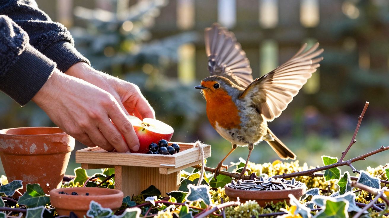 Mãos coloca maçã e mirtilos num comedouro de madeira enquanto um pisco-de-peito-ruivo pousa ao lado, em ambiente natural.