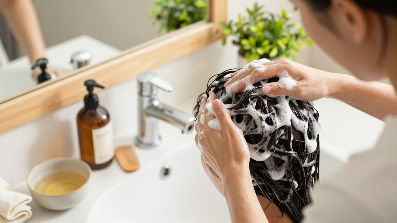 Pessoa a lavar cabelo numa pia, com espuma. Produtos de higiene ao lado.