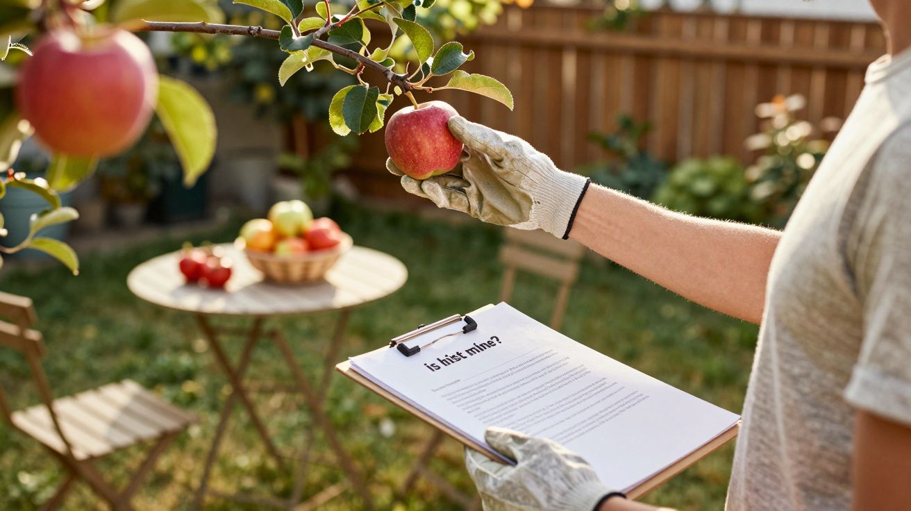 Pessoa colhe maçã de árvore num jardim, segurando prancheta com texto. Mesa ao fundo com tigela de frutas.