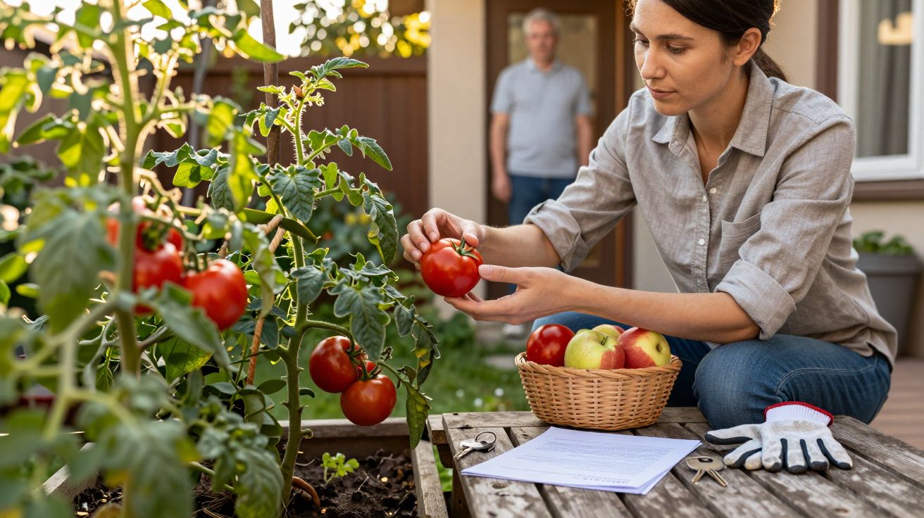 Mulher colhe tomates num jardim, com homem ao fundo e cesto de frutas ao lado.