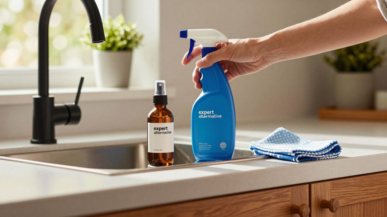 Mão segurando spray azul "expert alternative" ao lado de frasco âmbar e panos de limpeza na bancada da cozinha.