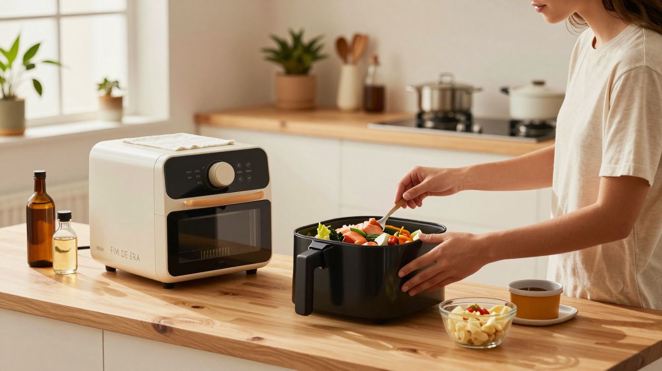 Pessoa preparando salada na cozinha moderna com fritadeira e ingredientes frescos na bancada de madeira.