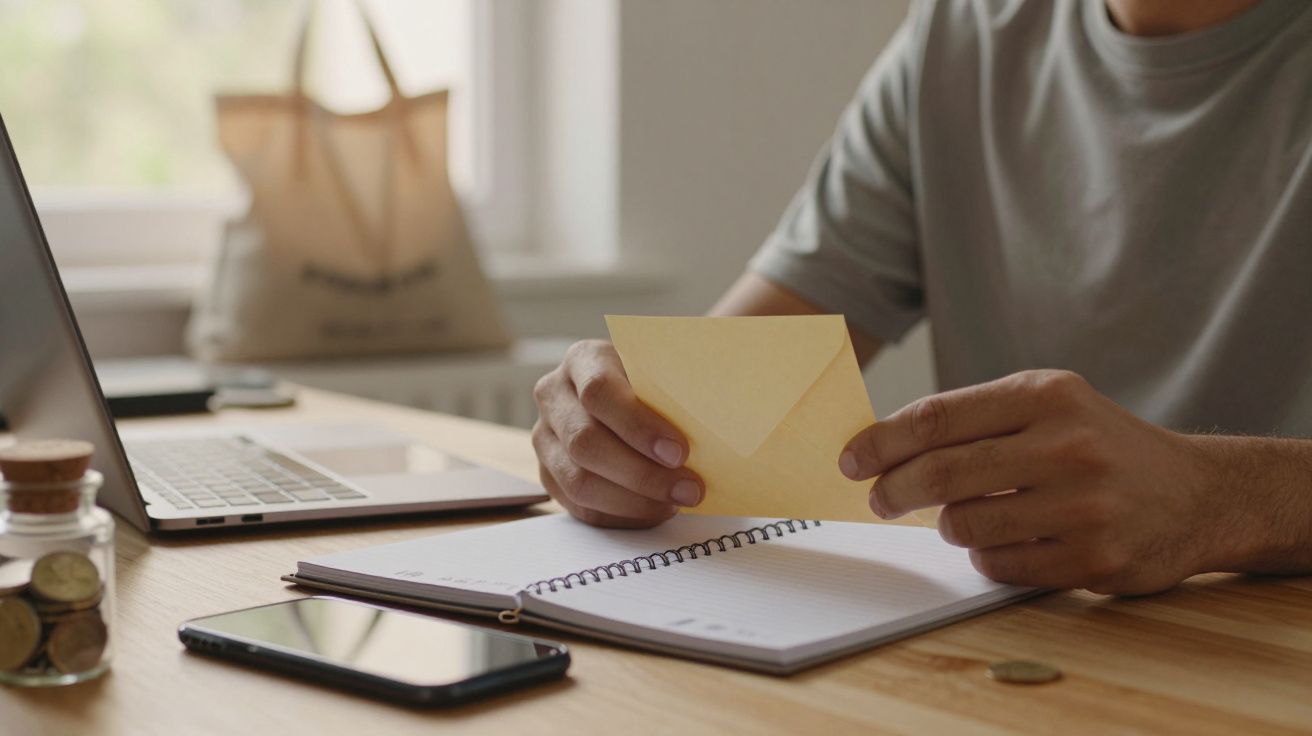 Pessoa segura envelope amarelo sobre mesa com computador portátil, caderno, moedas e smartphone.