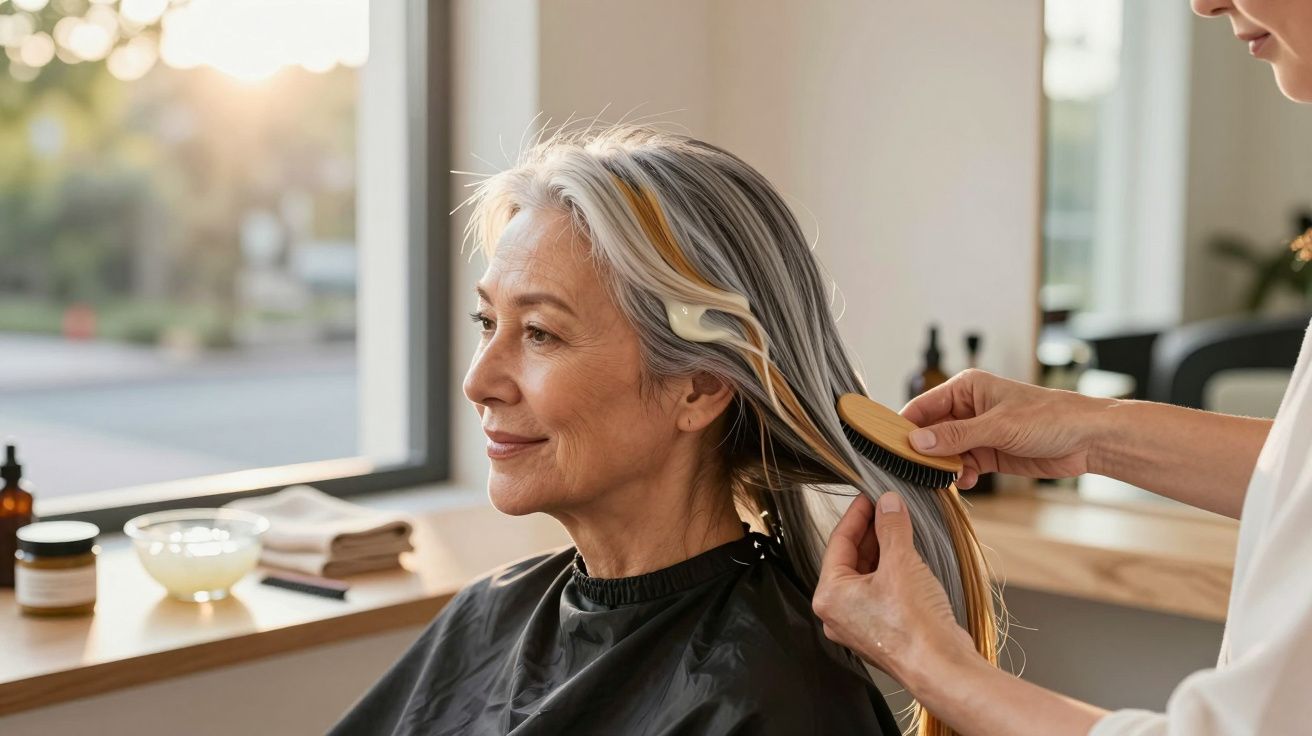 Mulher idosa com cabelo grisalho a ser escovado num salão de cabeleireiro, à luz natural da janela.