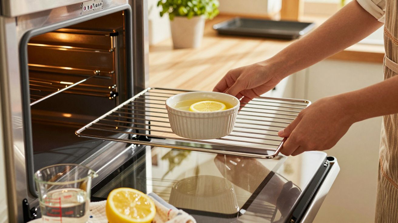 Pessoa colocando tigela com rodelas de limão no forno em cozinha clara e organizada.