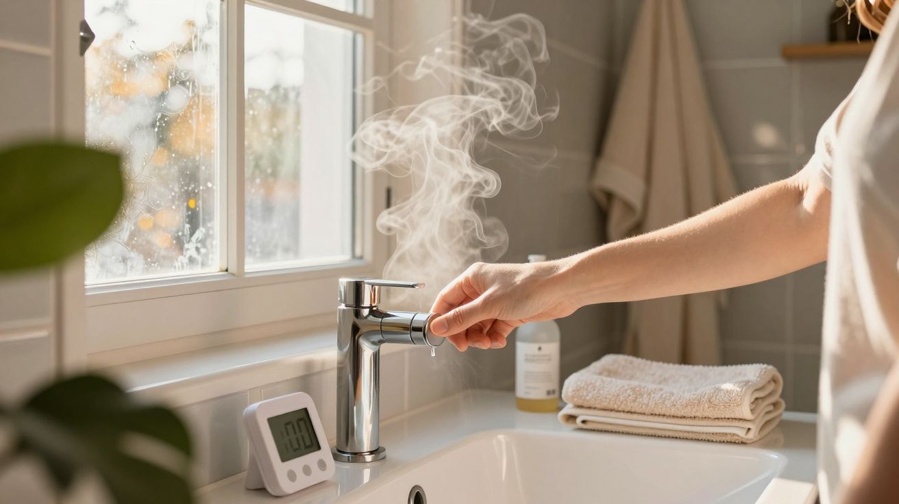 Pessoa a abrir uma torneira de água quente com vapor, junto a uma janela, num lavatório de casa de banho.
