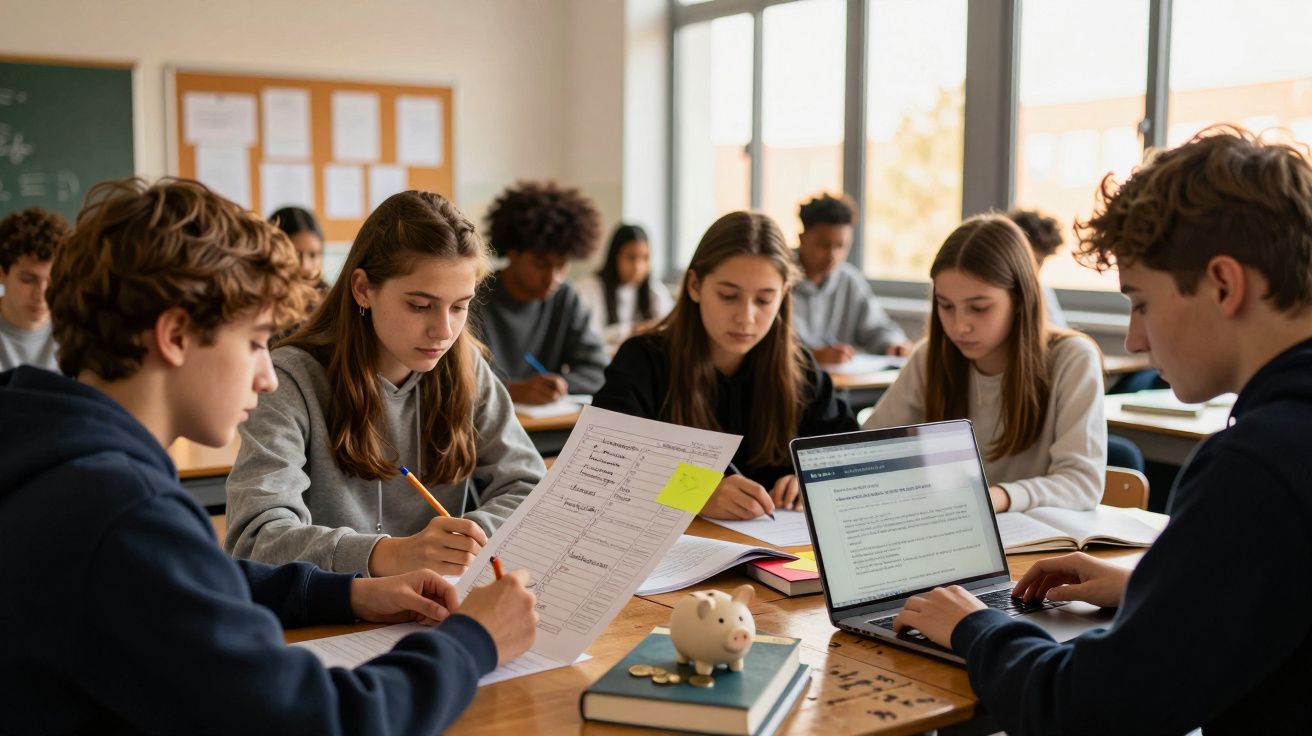 Alunos numa sala de aula a trabalhar em grupo, com computadores e folhas de papel sobre a mesa.