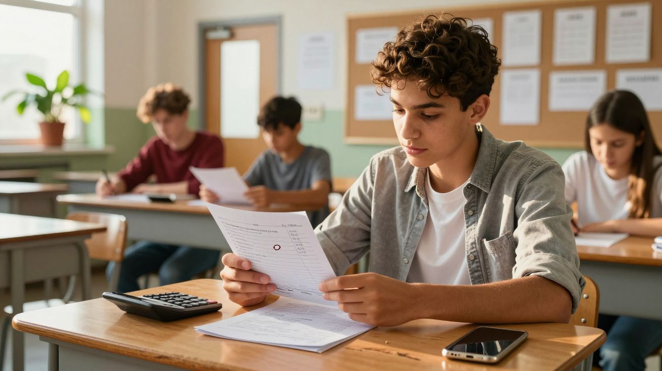 Jovem numa sala de aula lê um teste, rodeado por outros alunos concentrados. Calculadora e telemóvel sobre a mesa.