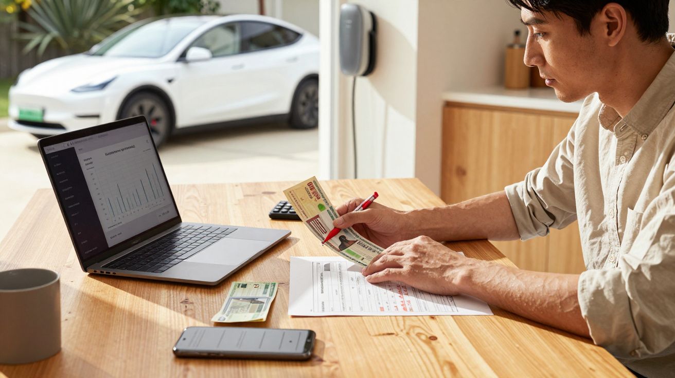 Homem analisa contas e documentos em frente a um portátil, com um carro elétrico estacionado ao fundo.
