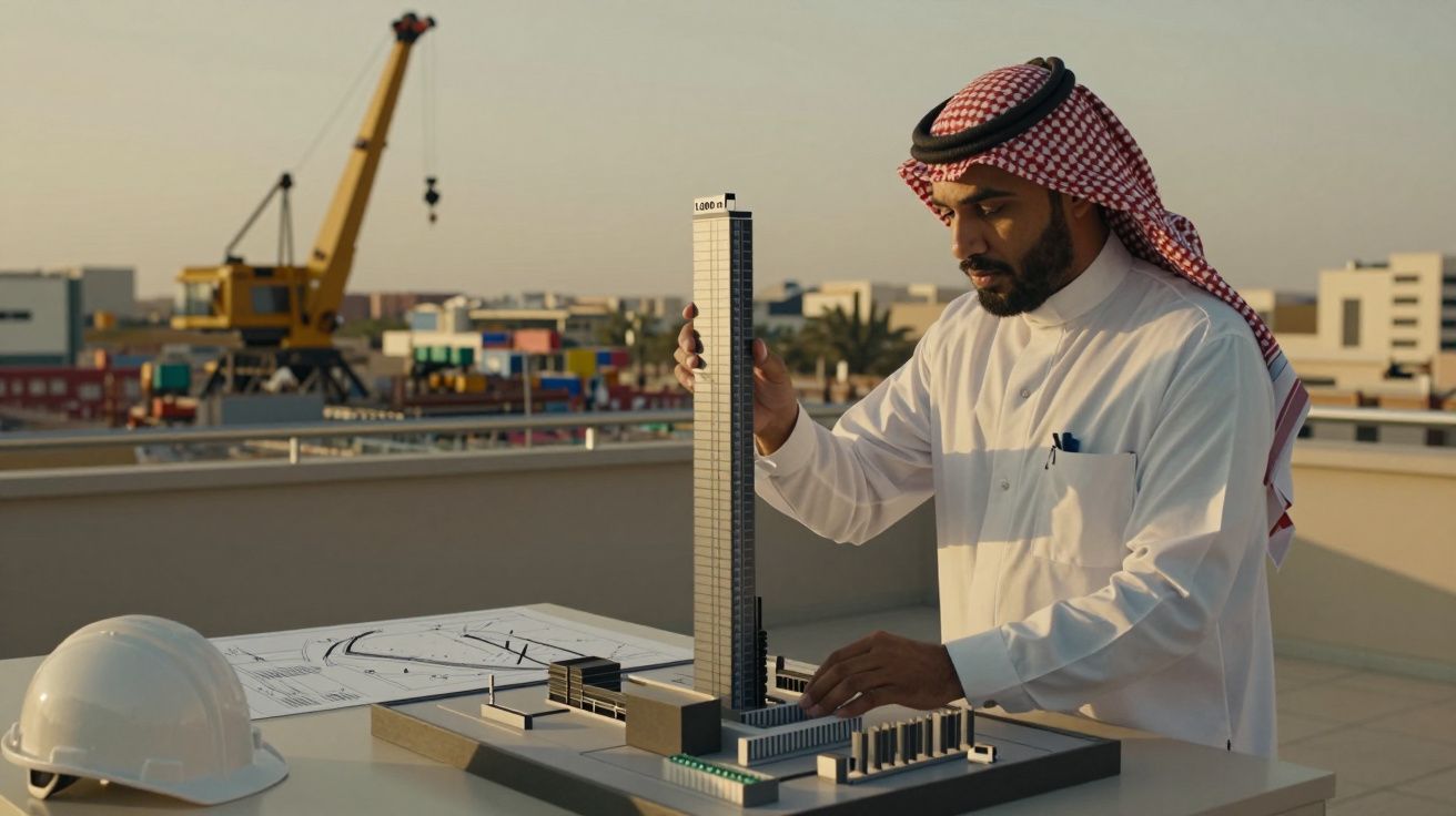 Engenheiro analisa maquete de arranha-céus em construção ao ar livre, com capacete e plano ao lado.