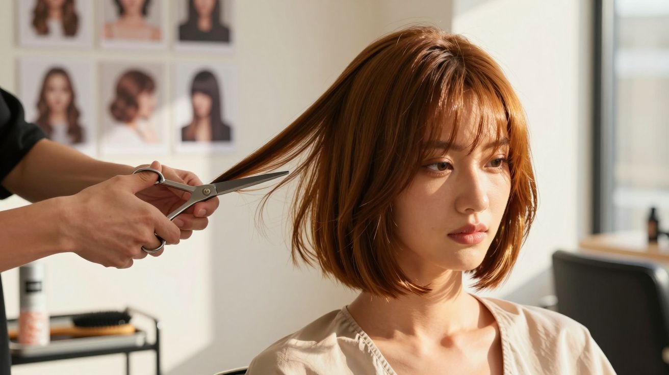 Mulher no cabeleireiro, cabelo castanho claro a ser cortado, luz natural entra pela janela.