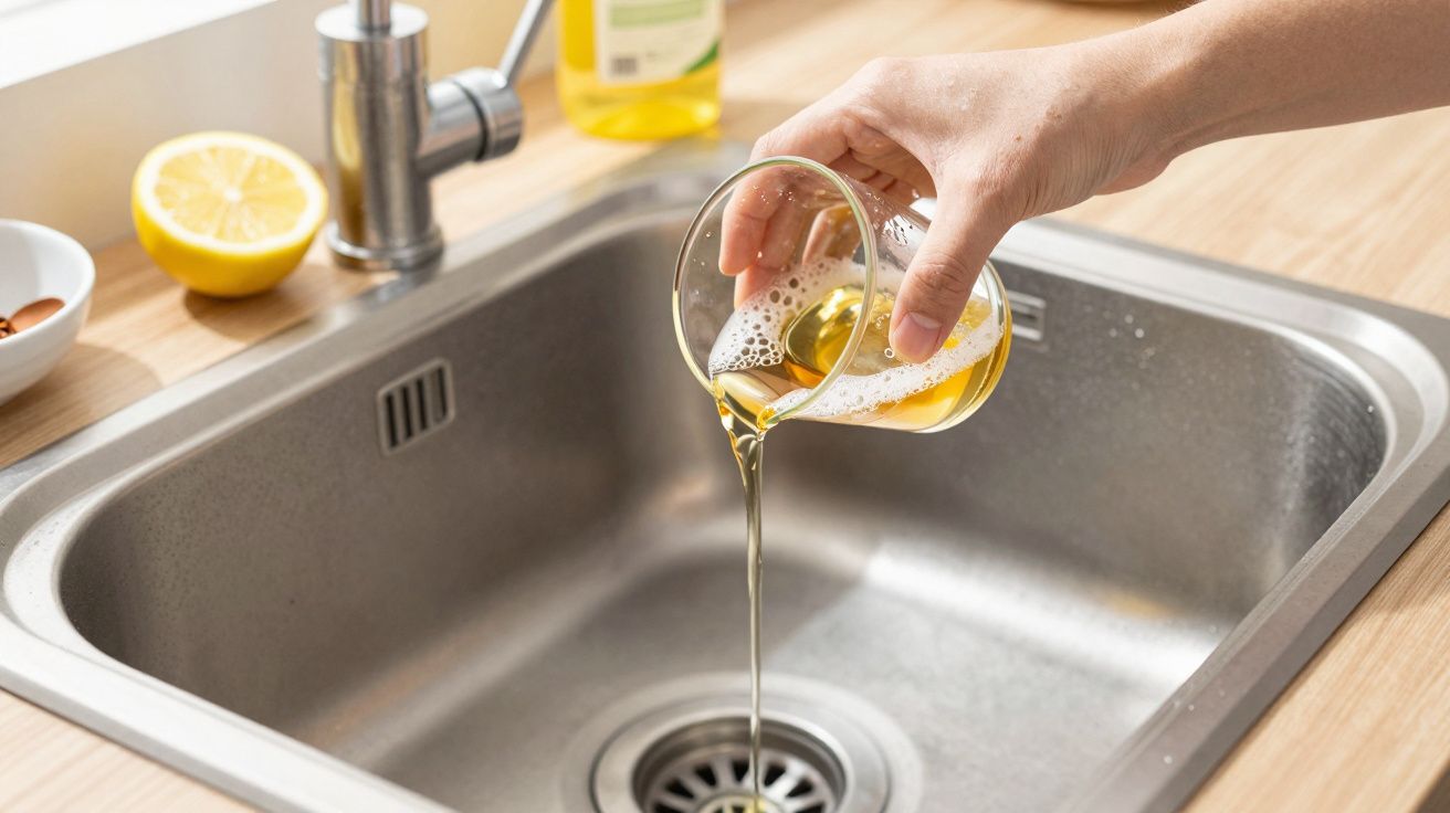 Mão a despejar líquido oleoso no lava-loiça de aço inoxidável com limão ao lado.