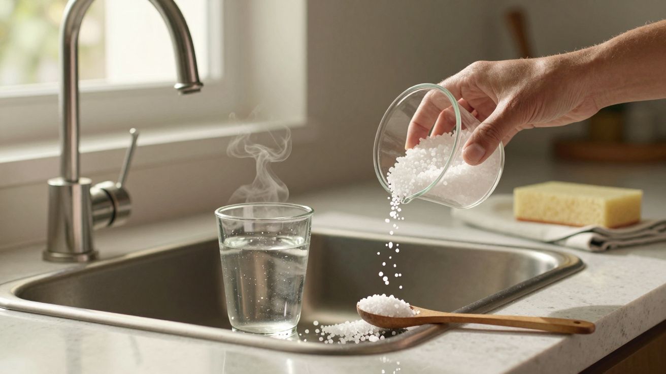 Mão a deitar sal em copo de água quente no lava-loiça.