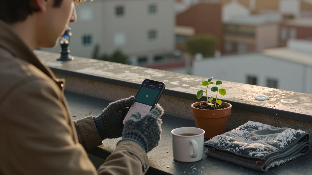 Homem com luvas usa smartphone na varanda. Há uma planta, um copo de café e um casaco ao lado.