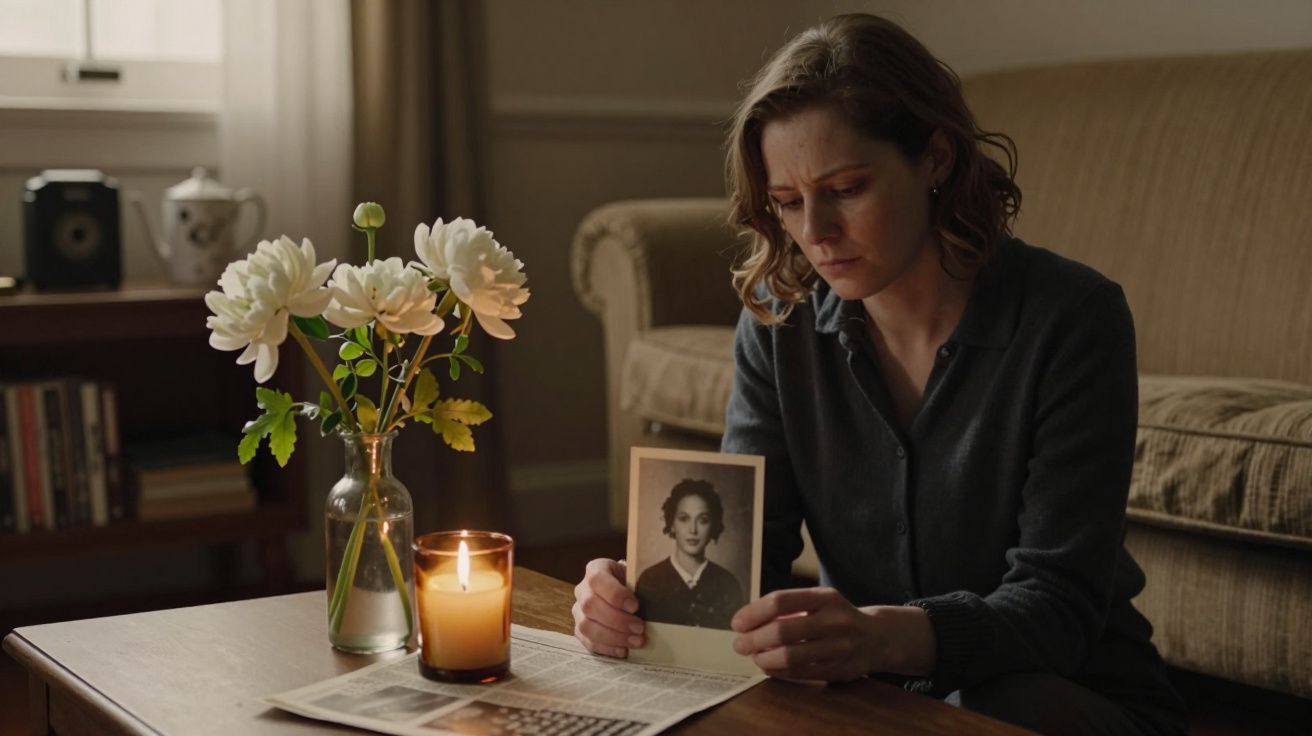Mulher pensativa segura foto antiga, sentada num sofá. Flores e vela acesa estão sobre a mesa à sua frente.