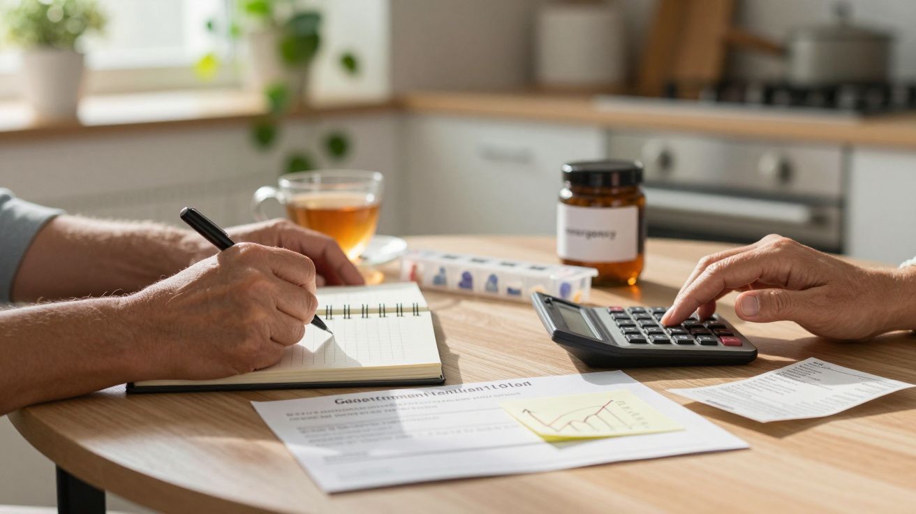Duas pessoas analisam despesas na mesa da cozinha; uma escreve e outra usa uma calculadora, chá ao lado.