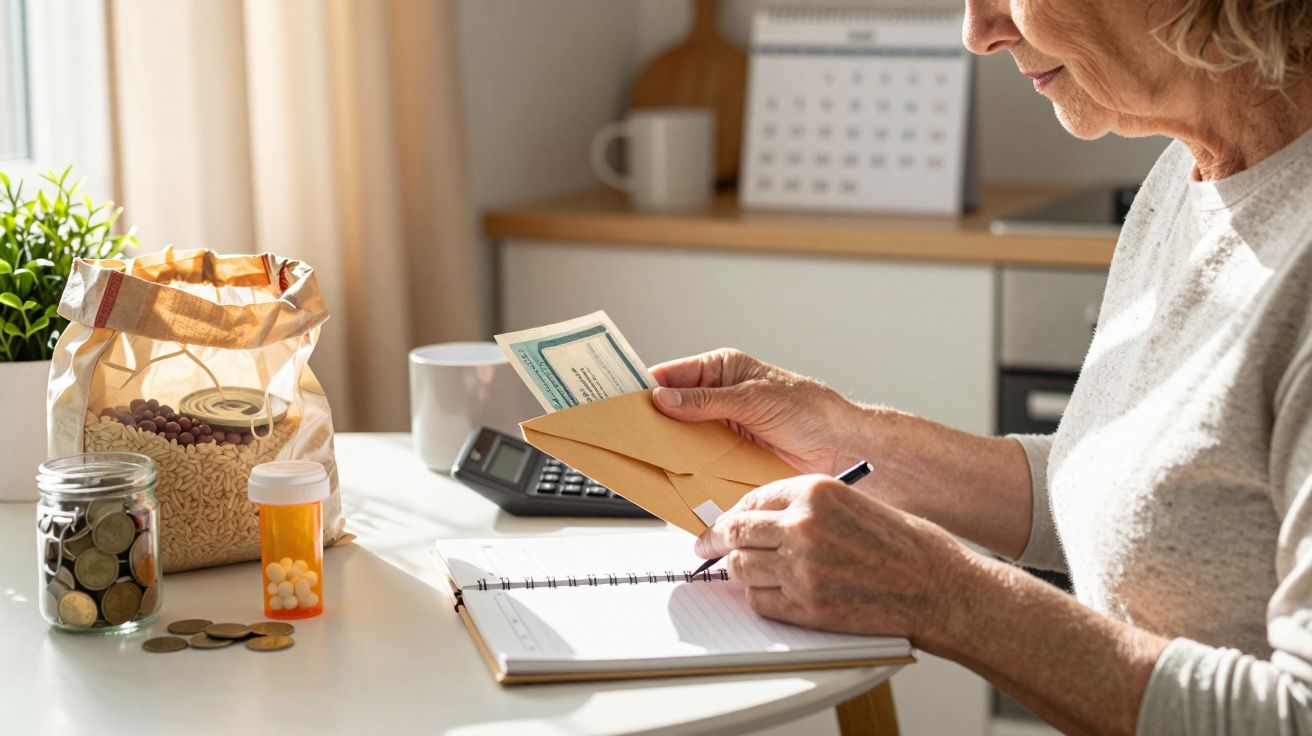 Mulher idosa agarra um envelope enquanto escreve num caderno com moedas e um frasco de comprimidos na mesa.