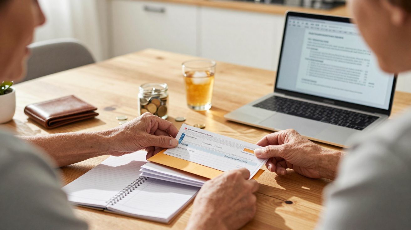 Duas pessoas analisam um documento sobre uma mesa com um portátil, caderno e copo de bebida ao fundo.