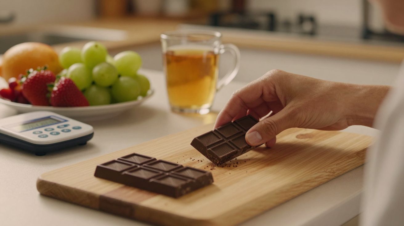 Mão a pegar num chocolate em tábua de madeira, com frutas, chá e balança digital ao fundo numa cozinha.