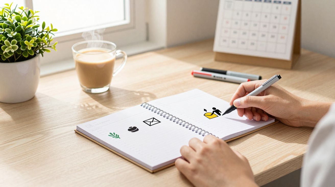 Mão desenha ícones em caderno espiral; chávena de café, plantas e calendário sobre secretária iluminada pelo sol.