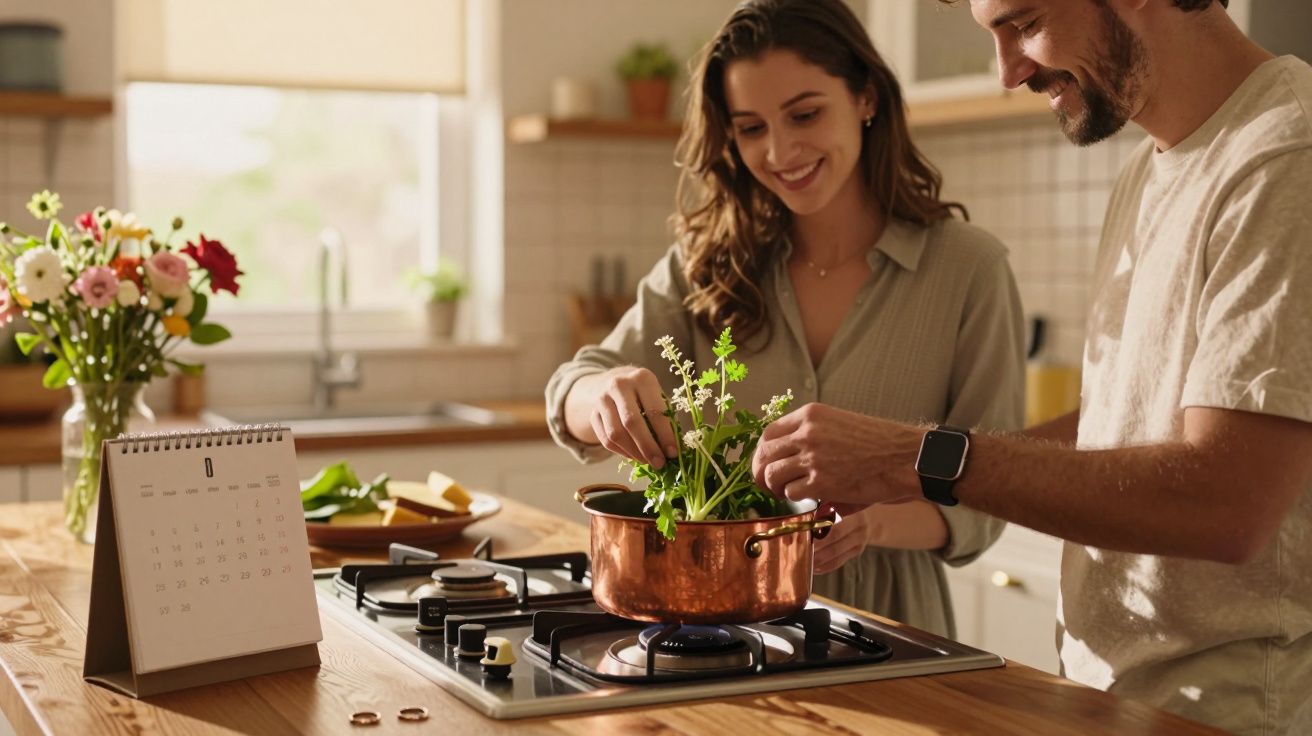 Casal a cozinhar junto numa cozinha, mexendo uma panela de cobre sobre um fogão. Flores coloridas e calendário na mesa.