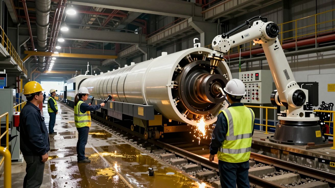 Robô industrial solda cilindro gigante numa fábrica, enquanto trabalhadores observam, usando capacetes e coletes de segurança