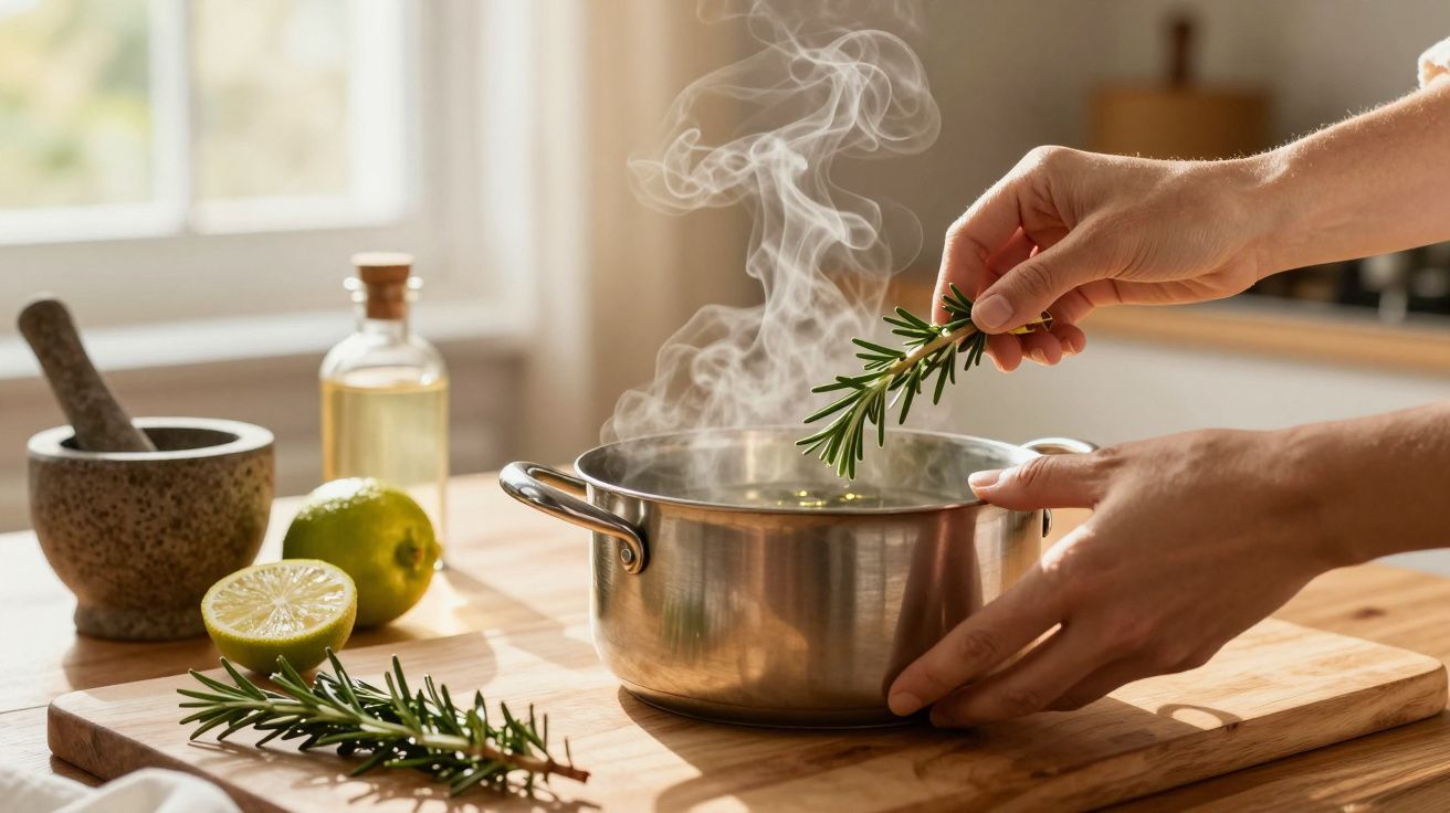 Mãos adicionam alecrim a uma panela inox fumegante; há uma lima cortada e um almofariz ao fundo.