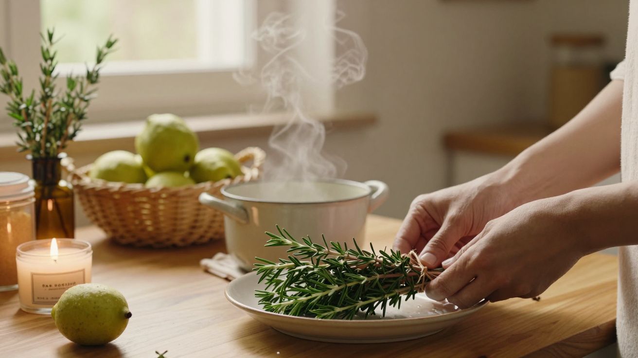 Pessoa segurando raminho de alecrim ao lado de panela fumegante e cesta com maçãs numa cozinha iluminada.