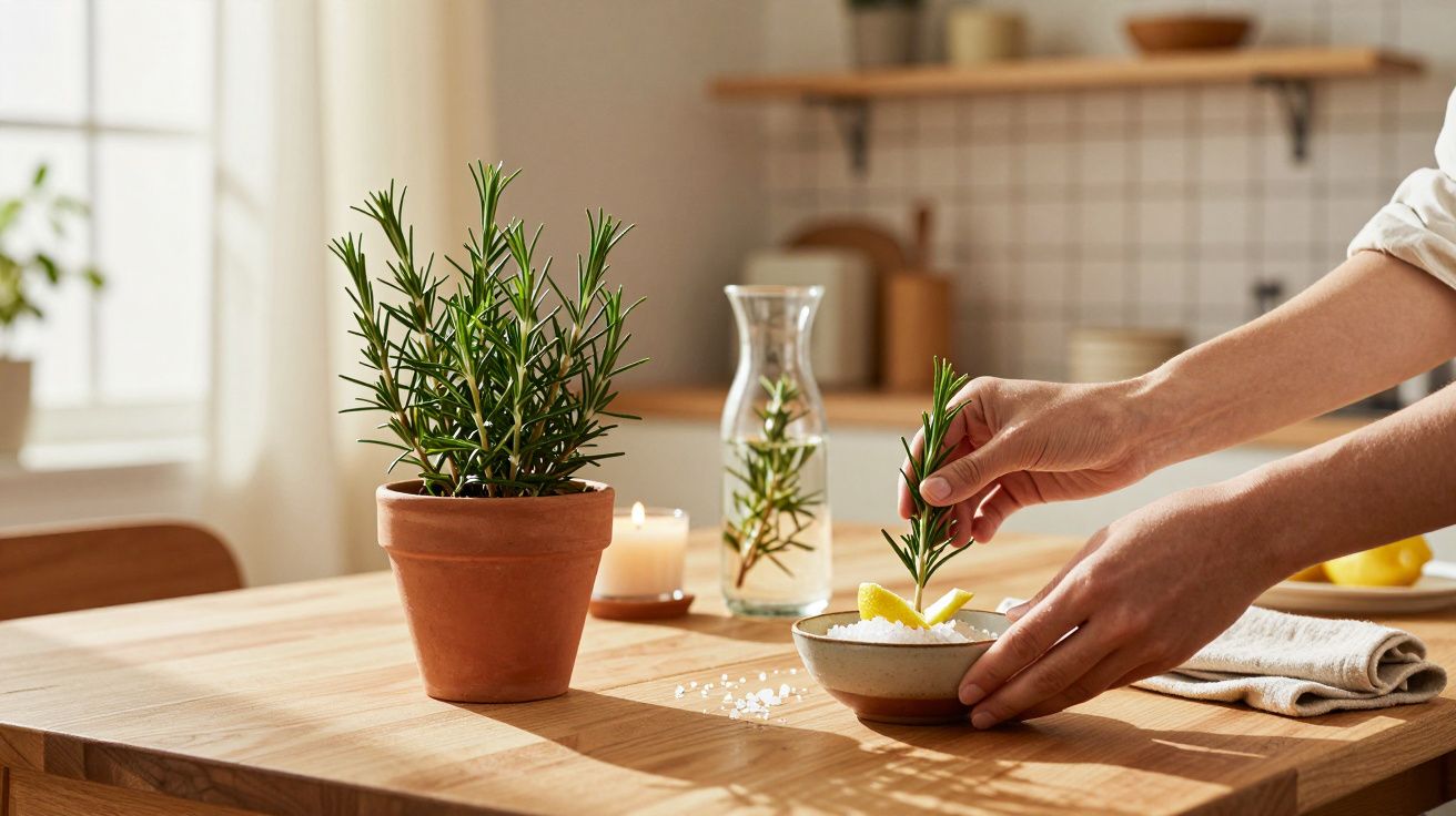 Mão adiciona ramo de alecrim a um prato com sal e limão, ao lado de planta de alecrim em vaso, numa cozinha iluminada.