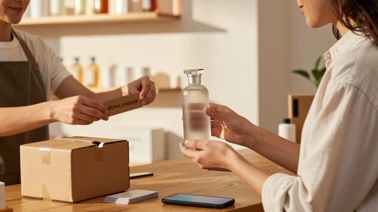 Pessoa segurando frasco, outra entrega cartão com "última unidade" em loja com mesa de madeira e telemóvel.