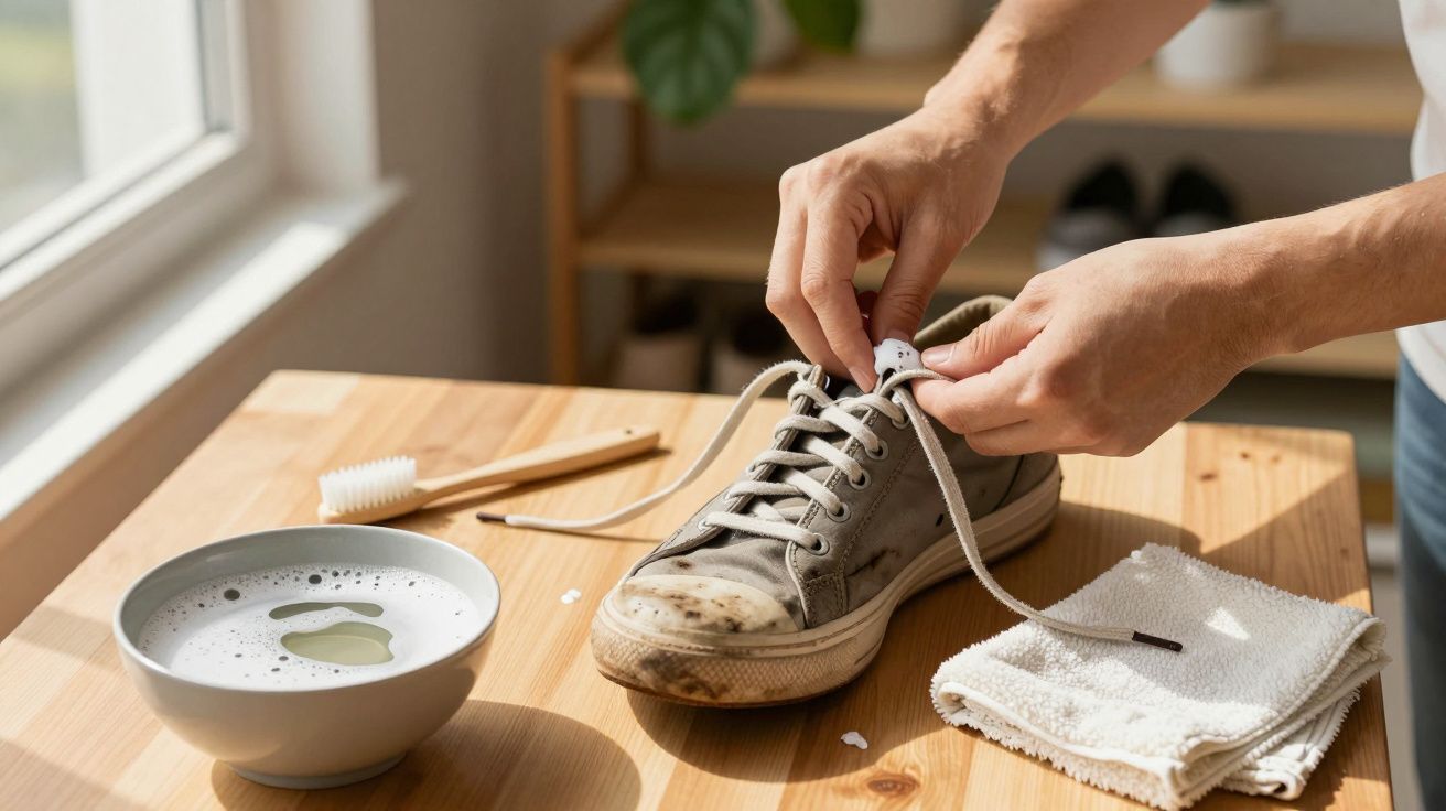 Mãos limpam ténis castanho sobre mesa de madeira com bacia de água e escova ao lado.