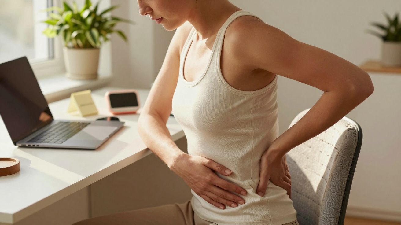 Mulher sentada com dores nas costas e um portátil na secretária ao lado.