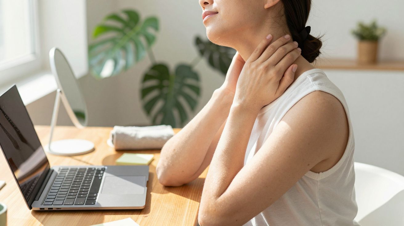 Mulher sentada à secretária, massajando o pescoço, junto a um computador portátil numa sala iluminada pelo sol.