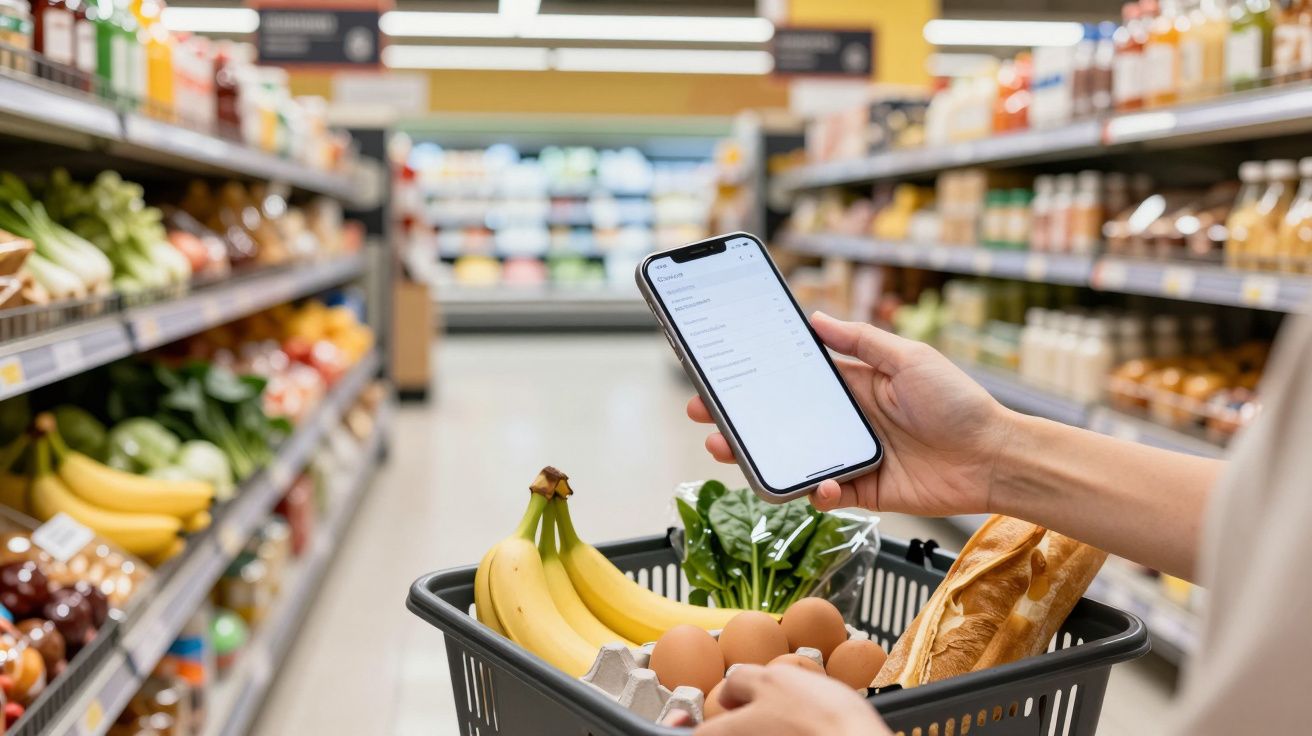 Pessoa segura telemóvel e cesto com frutas e pão, numa mercearia.