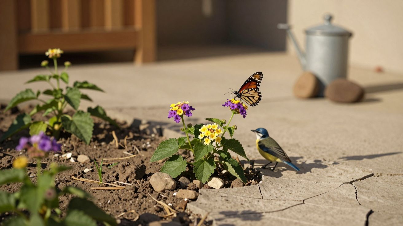 Pássaro e borboleta ao lado de flores roxas e amarelas em jardim, com regador ao fundo.