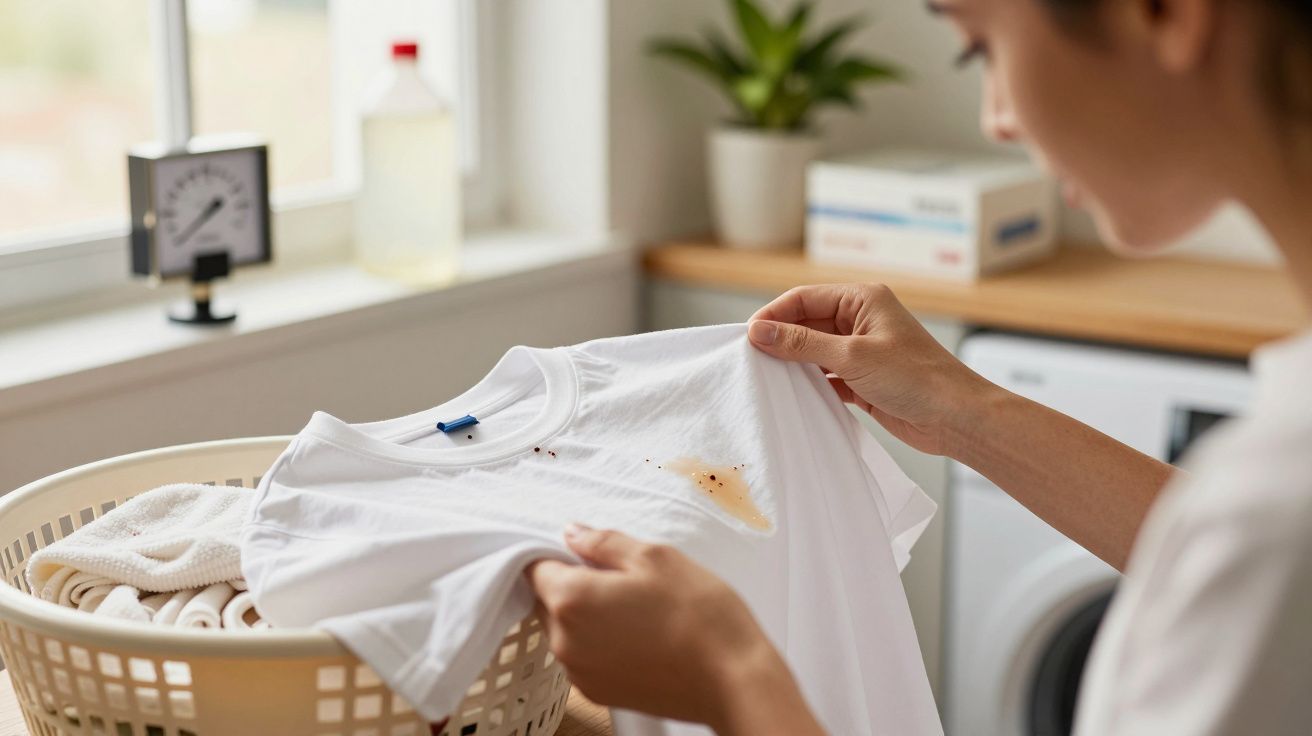 Mulher examina nódoas numa t-shirt branca enquanto segura cesto de roupa na lavandaria.