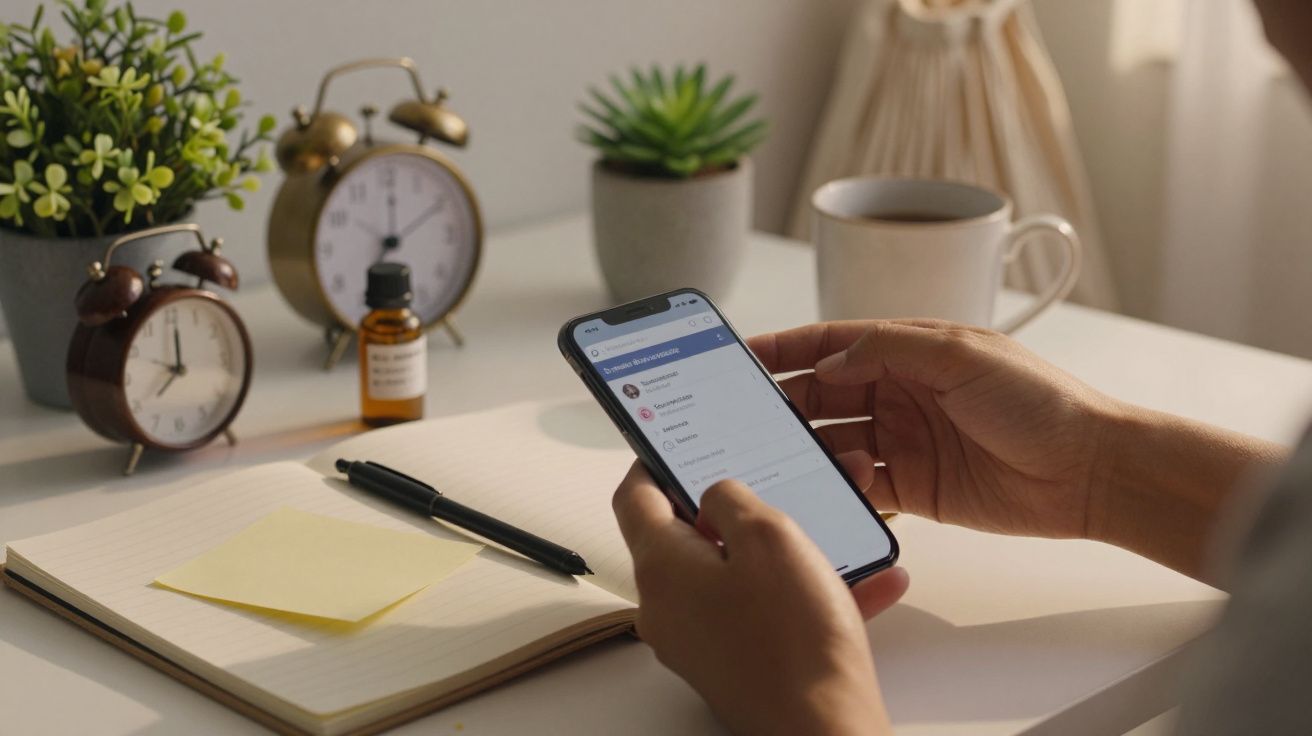 Pessoa segura telemóvel numa secretária com bloco de notas, caneta, chávena, frascos e despertadores ao fundo.