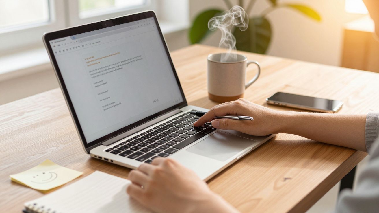 Pessoa a trabalhar num portátil, com chávena de café ao lado e bloco de notas na mesa.