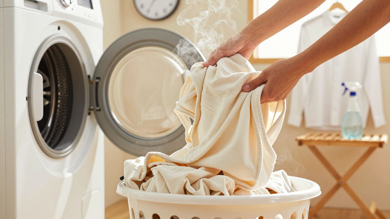 Pessoa a retirar roupa a fumegar de uma máquina de secar, com cesto de roupa em primeiro plano.