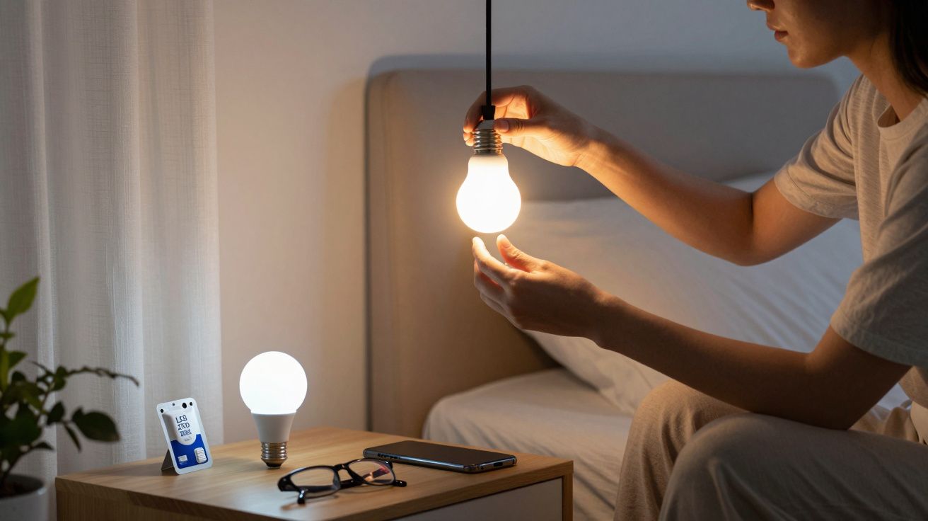 Pessoa instala lâmpada numa sala à noite, com mesa de cabeceira ao lado contendo smartphone e óculos.