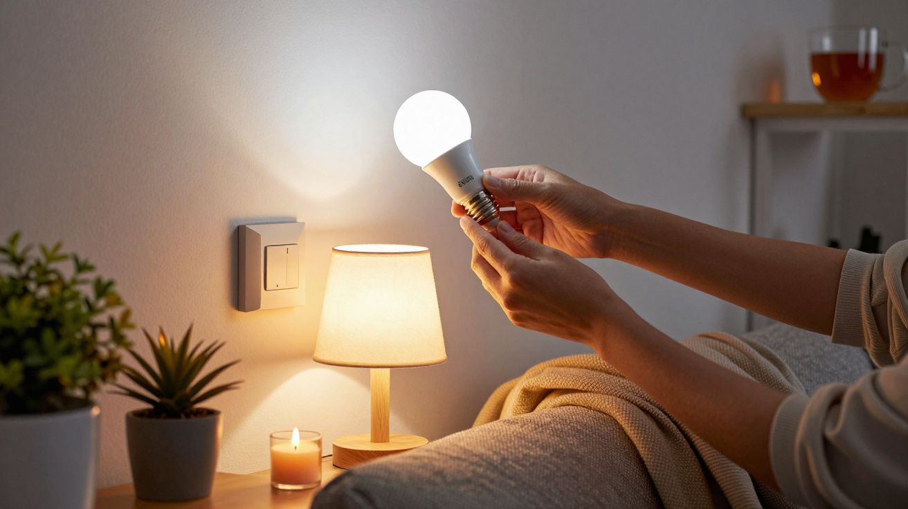 Pessoa a mudar uma lâmpada numa sala aconchegante com luz de abajur, plantas e vela acesa.