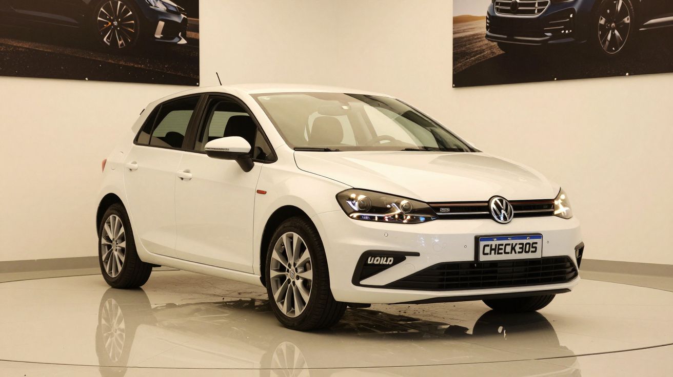 Carro Volkswagen branco em sala de exposição, visto de frente e ligeiramente de lado, com rodas prateadas.