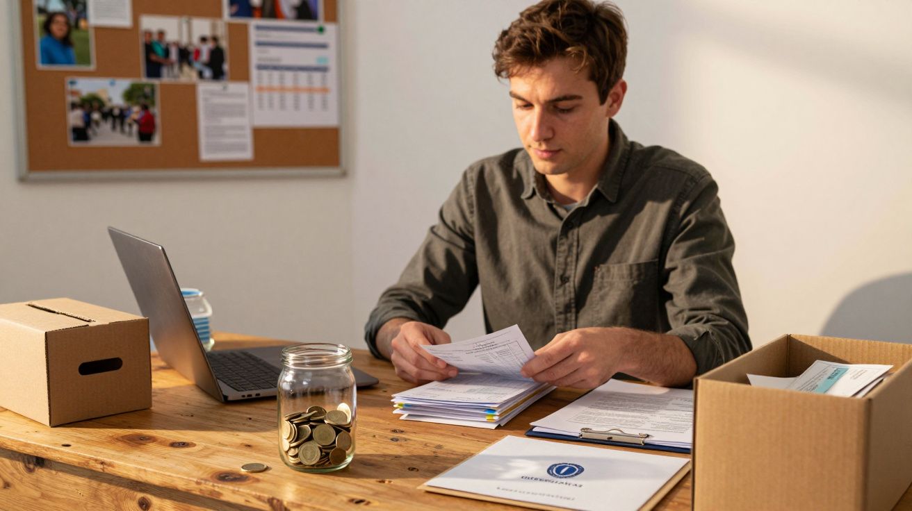 Homem trabalha numa secretária com computador portátil, jarro de moedas e documentos.