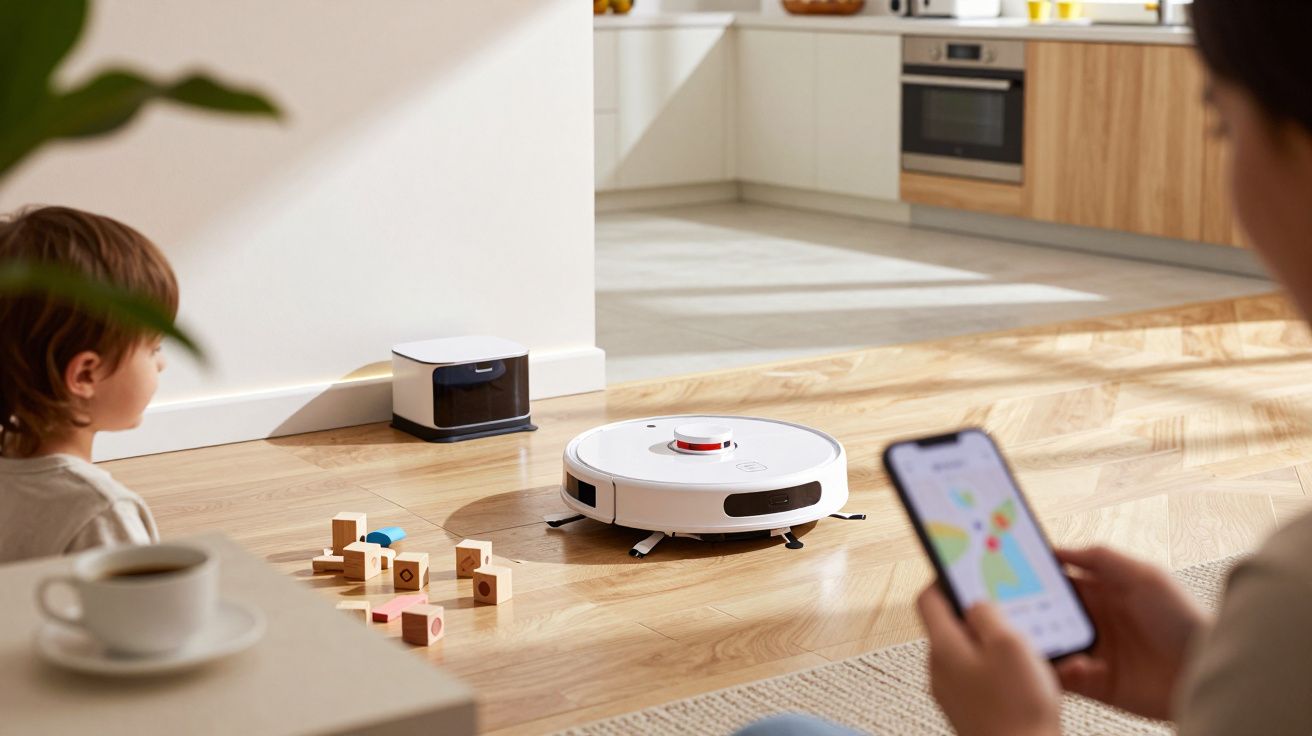 Criança observa robô aspirador limpar chão de madeira, com adulto segurando telemóvel, numa sala moderna.