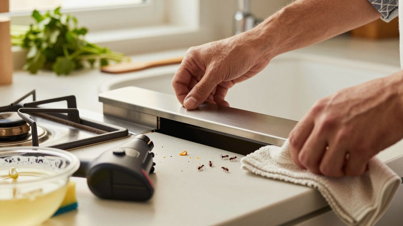 Pessoa limpa bancada da cozinha ao lado do fogão, com formigas visíveis e um pano branco na mão.