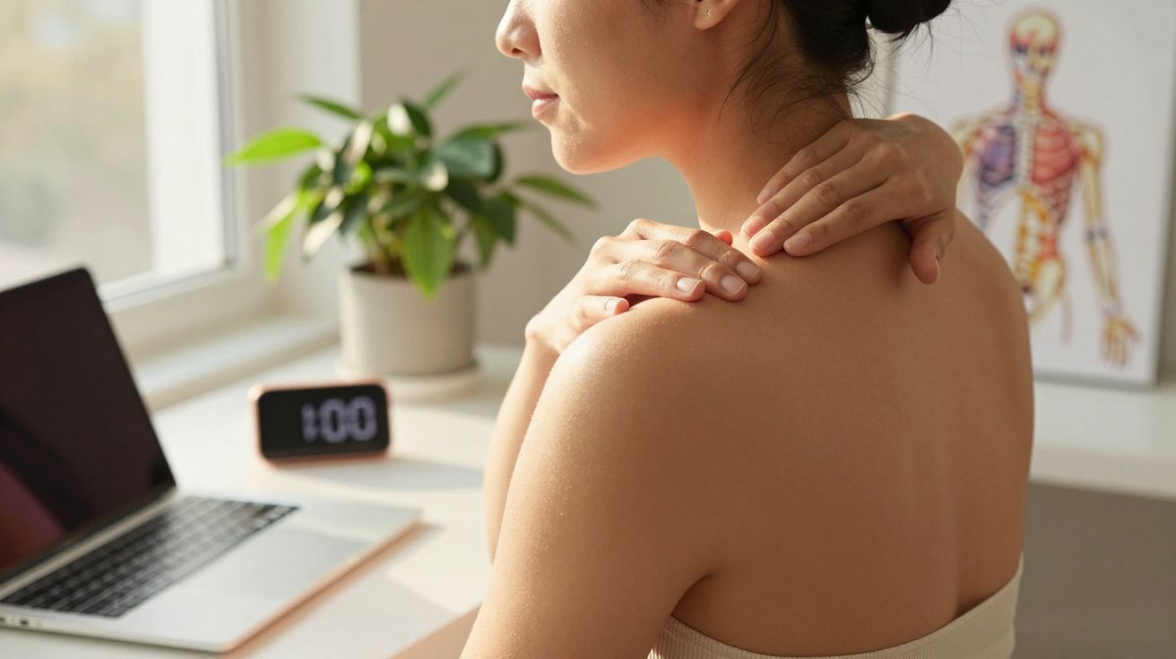 Mulher massageia o ombro num escritório iluminado, com planta, computador e quadro anatómico ao fundo.