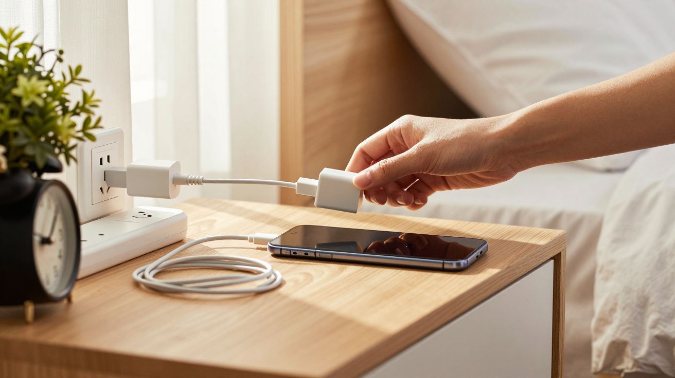 Mão a ligar carregador a uma tomada, perto de um smartphone e um despertador numa mesa de cabeceira.