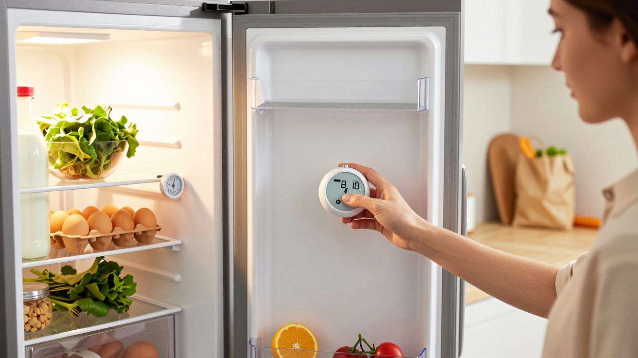 Mulher ajusta termostato no frigorífico aberto com verduras, ovos e laranja.
