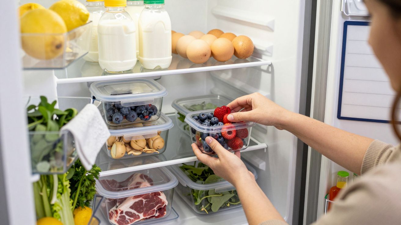 Mulher organiza frutas frescas num frigorífico com leite, ovos, vegetais e carne.