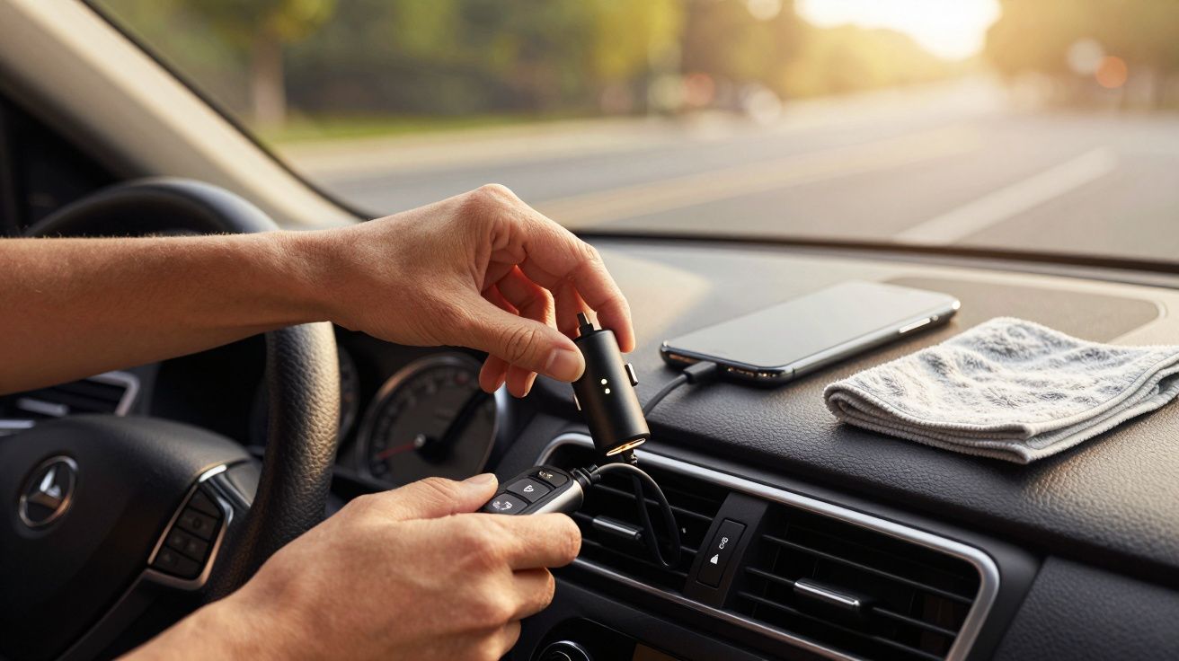Mãos conectando carregador de telemóvel no carro, com telemóvel e pano no painel e estrada ao fundo.